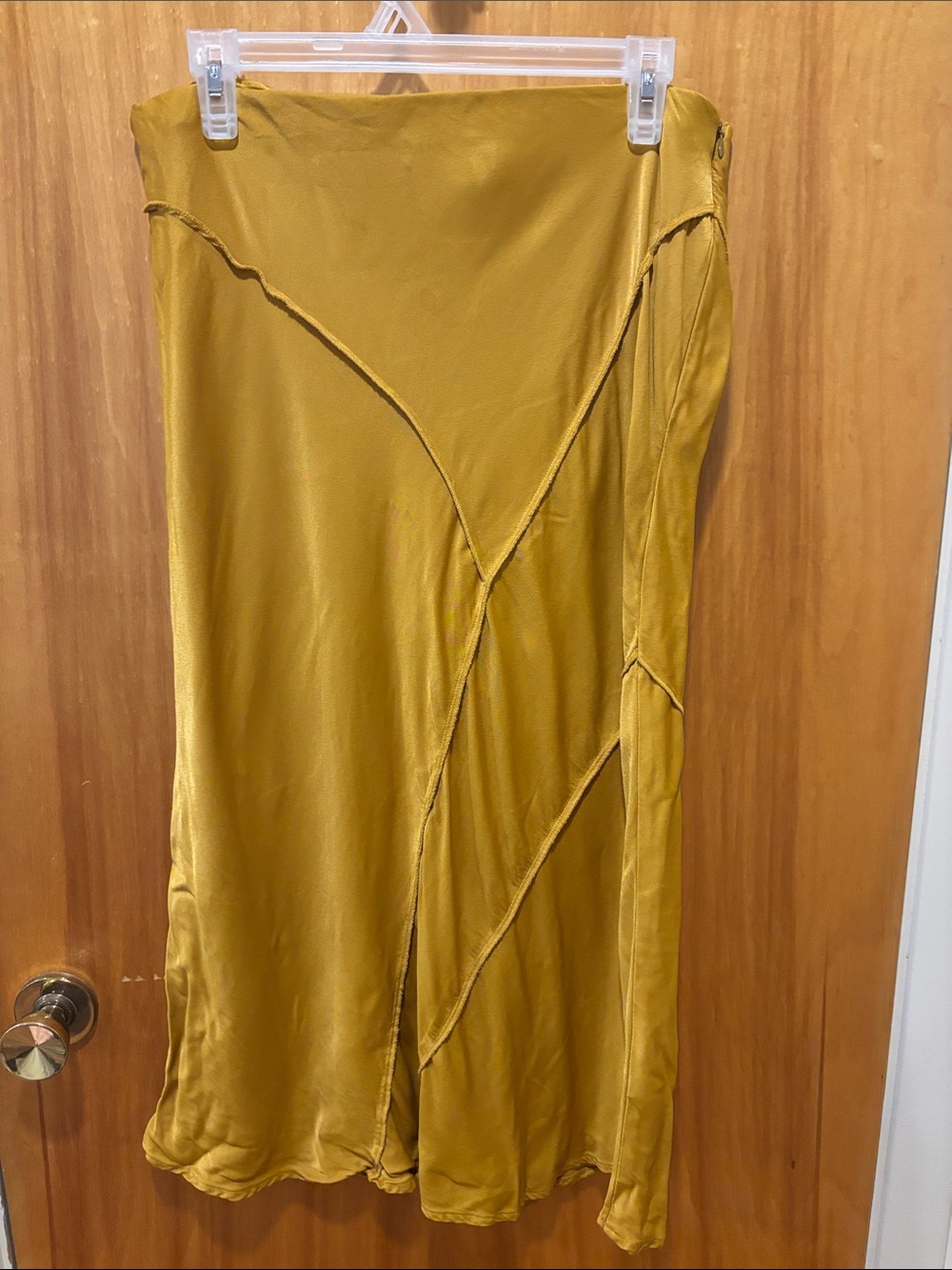 Saturday Sunday Asymmetric Satin Midi Skirt in Mustard Gold
